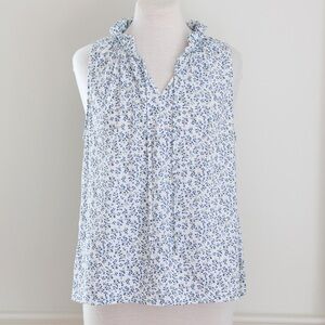 Melloday Blue Floral Sleeveless Blouse Ruffle Neck Size Large